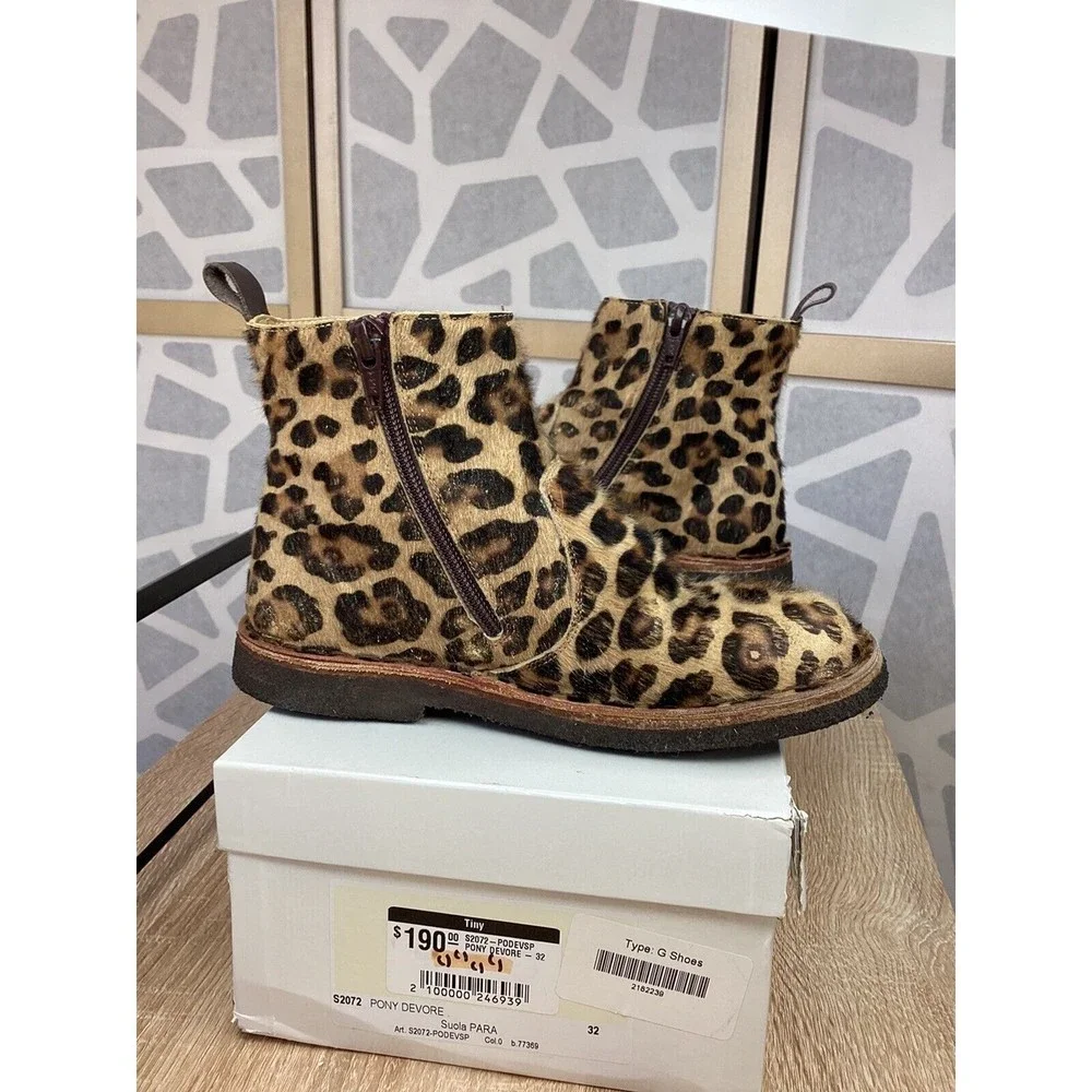 Pepe Devore Pony hair leather big girls booties 32 us 1 animal print Italy